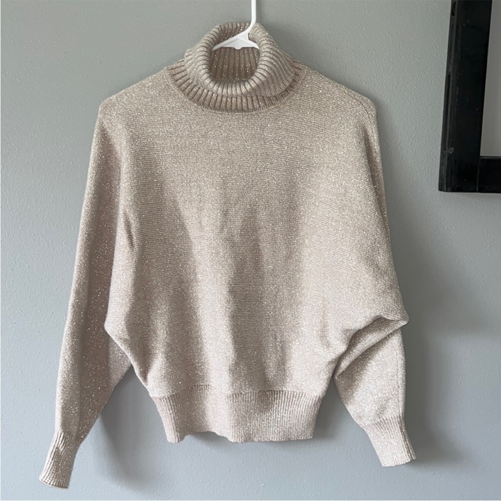 Philosophy Silver Metallic Beige Turtleneck Sweater with Batwing Sleeves